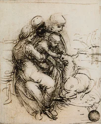 Primeira ideia para a Madonna e a Criança e Santa Ana; desenho de Leonardo da Vinci. Gallerie dell