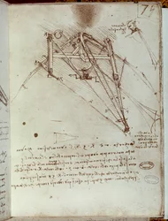 Desenho de uma máquina voadora. Manuscrito de Leonardo da Vinci