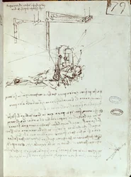 Desenho da máquina voadora. Manuscrito de Leonard De Vinci (Leonardo da Vinci