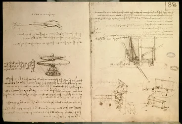 Máquinas voadoras, um dos primeiros desenhos de uma máquina voadora semelhante a um helicóptero, c. 1487