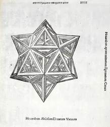 Hexacedron levantado do vácuo a partir de um &39;proporção divina&39; por Luca Pacioli (c.1445-1517), originalmente pub. Veneza de 1509