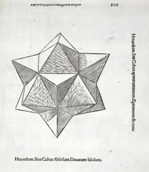 Hexaedron tirado inteiramente de uma &39;proporção divina&39; por Luca Pacioli (c.1445-1517), originalmente pub. Veneza de 1509