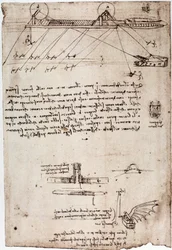 Estudo para uma draga marinha por Leonard de Vinci (Leonardo da Vinci) (1452 - 1519). Desenho com caneta e tinta.
