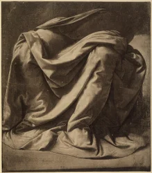 Estudo para o manto da Virgem na Anunciação hoje conservada nos Uffizi; aguarela e preto realçado a branco sobre tela muito fina, de Leonardo da Vinci. O Louvre, Paris