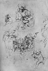 Dois estudos da Madona e da criança com um gato e três estudos da criança, 1475-1481 1945