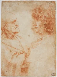 Dois perfis masculinos, um homem idoso e um jovem - O jovem representa Gian Giacomo Caprotti, dito Andrea Salai ou Salaij (cerca de 1480-1524), aluno e amante de Leonardo - Desenho a sanguínea de Leonardo da Vinci (Leonard de Vinci) (1452-1519)