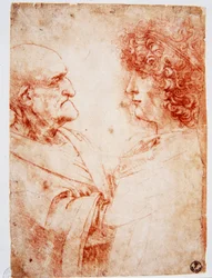 Dois perfis masculinos, um homem idoso e um homem jovem. O jovem representa Gian Giacomo Caprotti, conhecido como Andrea Salai ou Salaij (cerca de 1480-1524), aluno e amante de Leonardo. Desenho a sanguínea de Leonardo da Vinci (Leonard de Vinci)