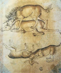 Unicórnio atacando uma vaca e leopardo atacando uma ovelha, estudo de animais, por Leonardo da Vinci (1452-1519), desenho