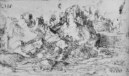 Vista sobre um vale com montanhas além, c1480 1945