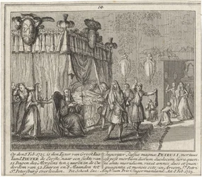 La mort de Pierre I le Grand, le 8 fevrier 1725 - The Death of Peter the Great on 8 February 1725, de Schenk, Leonard (1696-1767). Gravura em cobre
