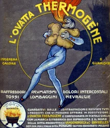 Anúncio de resfriados termogênicos de lã de algodão, dores internas, reumatismo, tosse, neuralgia e lumbago. Desenho de L. Cappiello (1875 - 1942) Itália, século XX.