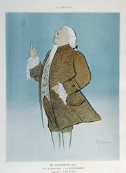 Comediante Constant Poppy Groin (1841-1909) no papel de Santo Faraó em "La Montansier" de Rejane, em 1904. Aquarela de Leonetto Cappiello (1875-1942) Paris. Artes Decorativas