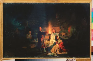 Comediantes descansando. (Os atores ensaiam suas falas ao anoitecer, ao redor de uma tocha, no pátio de uma casa de campo. Perto deles, uma mesa com samovar e xícaras, além de equipamentos de palco sob lonas). Pintura de Leonid