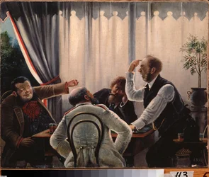 Jogo de cartas. (Quatro homens se reuniram em volta de uma mesa para jogar, dois deles gritam um com o outro, os outros dois esperam). Pintura de Leonid Ivanovich Solomatkin (1837-1883), óleo sobre tela. arte russa