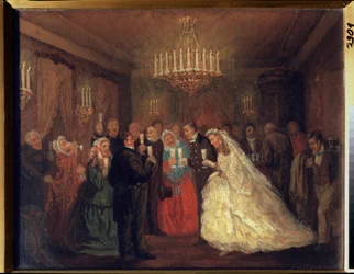 O casamento. (Os convidados do casamento tocam copos em volta dos noivos.) Pintura de Leonid Ivanovich Solomatkin (1837-1883), óleo sobre tela