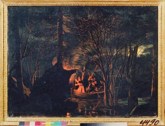 Pesca nocturna com arpão. Pintura por Leonid Ivanovich Solomatkin (1837-1883), óleo sobre tela