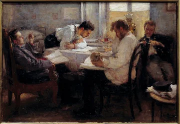 Na véspera do exame Estudantes a reverem os exames. Pintura de Leonid Osipovich Pasternac (1862-1945) 1895 Sol. 0,39x0,55 m Paris, musee d