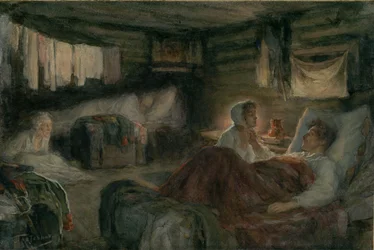 Natasha e o príncipe ferido Andrei em Mytishchi. Ilustração para o romance Guerra e Paz, 1893.