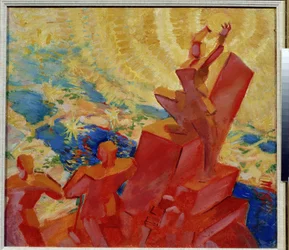 Para o sol. Paisagem colorida com uma das figuras a segurar o sol nas suas mãos. Pintura de Leonid Terentlevich Chupyatov (1890-1941). Óleo sobre tela