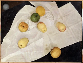 "Nature morte aux pommes et citron" (Natureza morta aux pommes et citron) Peinture de Leonid Terentevich Chupyatov (1890-1942) 1923 Museu Estatal Russo de São Petersburgo