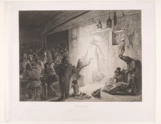 Cristo aparece em uma pousada, uma jovem se ajoelha diante dele Sauvée (título no objeto)