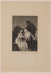 Duas mulheres com dois homens atrás delas na sombra; Les majas au balcon (título no objecto)