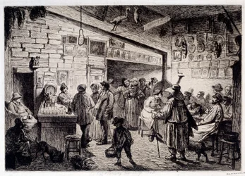 Vista do interior do Cabaré do Coelho Branco" demolido em 1860" Gravura de Leopold Flameng (1831-1911) 1863 Paris, Musee Carnavalet