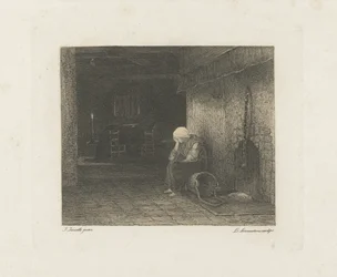 Interior com mulher junto à lareira