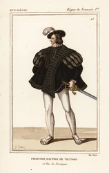 Francisco III, duque da Bretanha 1518-1536. François, golfinho vienense e duque da Bretanha. Litografia colorida à mão por J.B. Gautier a partir de um retrato do portefólio VIII 14 de Roger de Gaignieres de Le Bibliophile Jacob aka Paul Lacroix