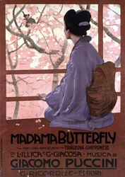 Cartaz de Leopoldo Metlicovitz para "Madame Butterfly" de Giacomo Puccini, feito para a primeira apresentação em 17 de fevereiro de 1904.