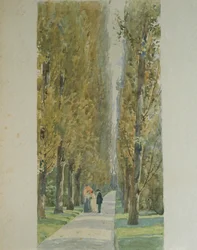 Giuseppe Verdi conversando com amigos ao longo da avenida arborizada da sua vila em Sant