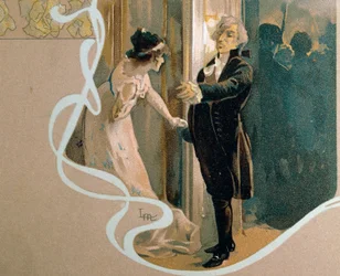 Postal ilustrado de Leopoldo Metlicovitz (1868-1944) com cena de Tosca, ópera de Giacomo Puccini (1858-1924)