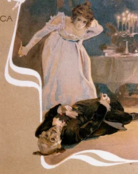 Postal ilustrado por Leopoldo Metlicovitz (1868-1944) com cenas de Tosca, ópera de Giacomo Puccini (1858-1924)