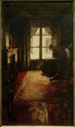 Interior parisiense, mulher a ler à janela