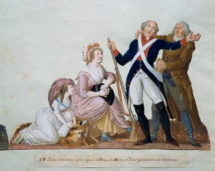Um voluntário que parte para o exército envolve seu pai, sua mãe e sua irmã Gouache dos irmãos Lesueur (século XVIII) Século XVIII. Paris. Museu Carnavalet