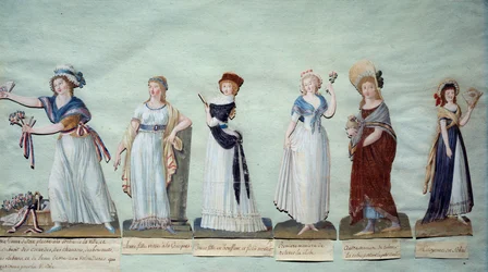 Diferentes mulheres jovens representando a moda feminina durante a Revolução. Gouache des freres Lesueur (século XVIII) Paris, Musee Carnavalet