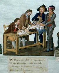Revolução Francesa: "Cidadãos trazendo camisas, sapatos, meias, roupas para enviar aos voluntários blindados" Gravura dos irmãos Lesueur (século XVIII). Século XVIII. Paris, Musee Carnavalet