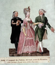 Revolução Francesa: "Costumes de Avant la Revolution" Representação dos trajes de uma abadia com um cão pequeno e dois nobres. Gouache des freres Lesueur (século XVIII) Musee Carnavalet, Paris