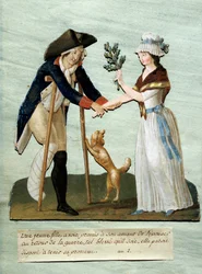 Revolução Francesa: "uma jovem encontra as feridas prometidas após a guerra e mantém a promessa de casar com ela" Gouache des brothers Lesueur (século XVIII). Paris Musee Carnavalet
