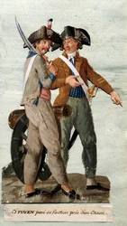 Revolução Francesa: "o cidadão posa na facção perto de um canhão". Gouache dos irmãos Lesueur. Século XVIII. Musee Carnavalet, Paris.