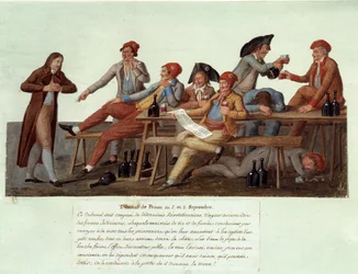 Revolução Francesa de 1789: «Um tribunal prisional nos dias 2 e 3 de setembro». Representação satírica de um tribunal revolucionário, cujos membros não têm jurisdição em matéria de justiça e julgam os casos enquanto bebem vinho e fumam. Guache dos irmãos