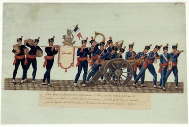 Revolução Francesa de 1789: "de jovens carregando para a Convenção, pó, salitre que eles fizeram e um canhão que derreteram." Gouache des freres Lesueur (século XVIII)