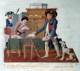 Revolução francesa: os habitantes do campo vendiam os seus alimentos para os seus designados, que depois vinham trocar por dinheiro em Paris. Gouache des Freres Lesueur (século XVIII)