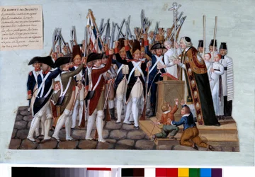 A revolução francesa: o juramento dos distritos. Após a proclamação da Constituição, o povo se reuniu nas praças públicas, as curas presidiram aos comícios. Gouache des freres Lesueur (século XVIII). 1789. Paris, Musee Carnavalet