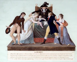 Divórcio republicano: uma cena de reconciliação na época da revolução francesa entre duas esposas prestes a se divorciar, o marido adúltero empurra para trás a amante enquanto a esposa abraçava o filho deles. Século XVIII. Gouache des freres Lesueur, Musee
