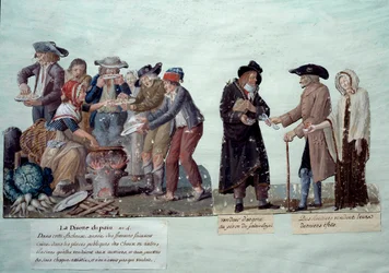 Cenas sob a Revolução Francesa: "Falta de pão, vendedor de dinheiro e anuciantes a venderem os seus bens". Gouache dos irmãos Lesueur, cerca de 1789. Musee Carnavalet, Paris.