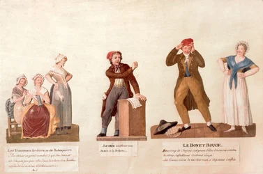 Os Jacobin Knitters, um Jacobin e o Red Bonnet (guache no papel)