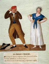 O chapéu vermelho O chapéu de um homem está usando o chapéu Phrygian na época da Revolução de 1789. O Gouache dos irmãos Lesueur. Século XVIII. Musee Carnavalet, Paris.