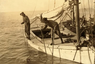Fred, um jovem pescador de ostras, a trabalhar num barco de ostras na Baía de Mobile, o Recife, perto de Bayou La Batre