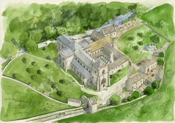 Reconstrução da abadia de Shap nos anos 1530 (aguarela sobre papel)